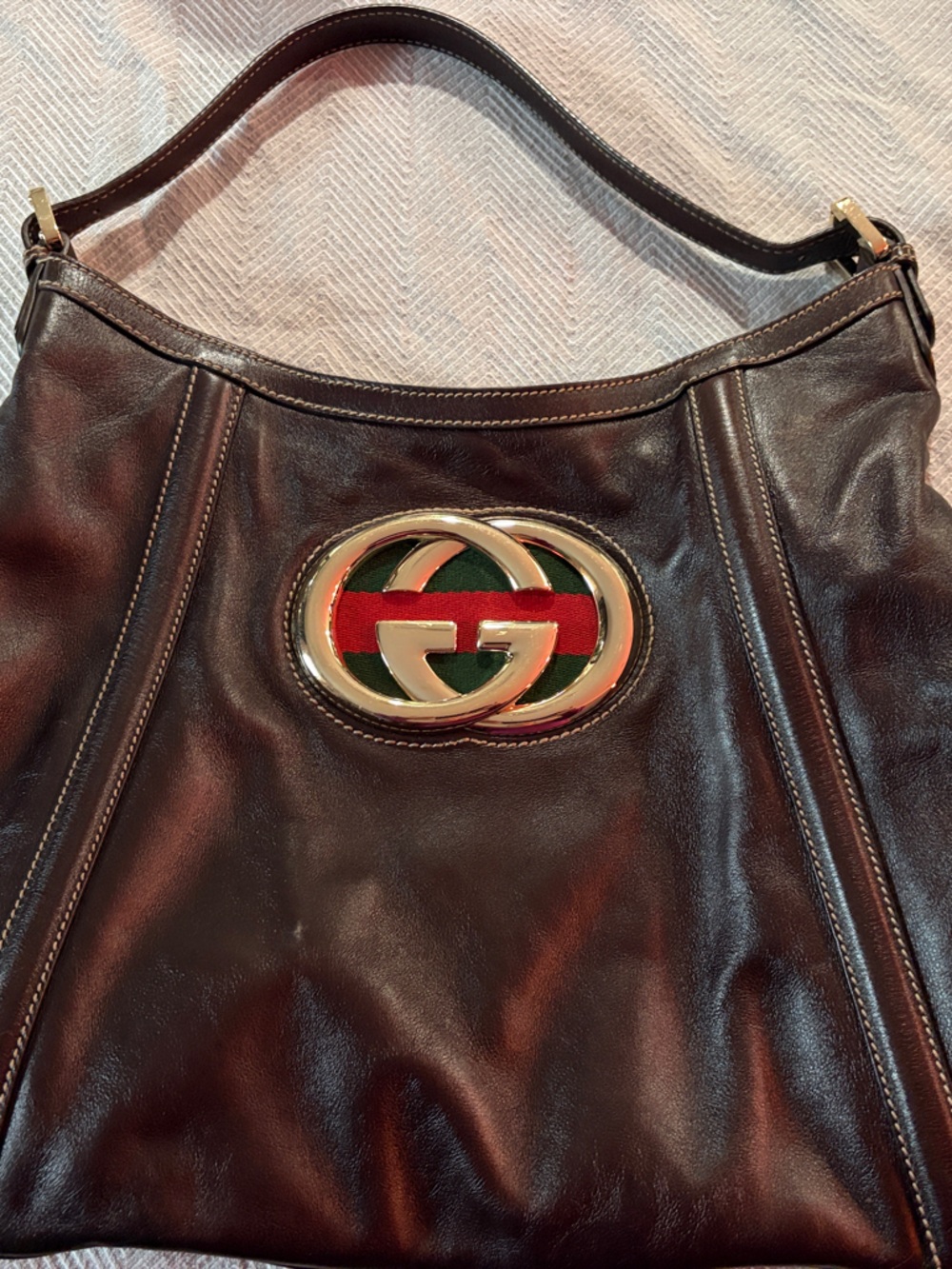 Gucci Brown Leather Hobo Bag with Red and Green Logo